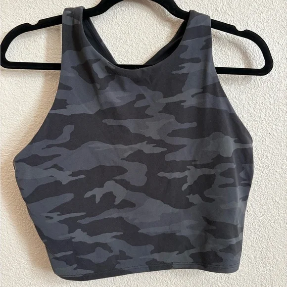 Athleta Conscious Crop sports bra in a black camo print. - Picture 2 of 6
